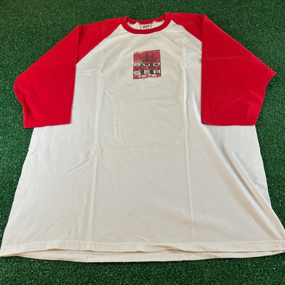 Vintage Anvil Budweiser Raglan T-Shirt Graphic Tee Y2K 3/4 Sleeve Mens XXL 2XL - Picture 1 of 11